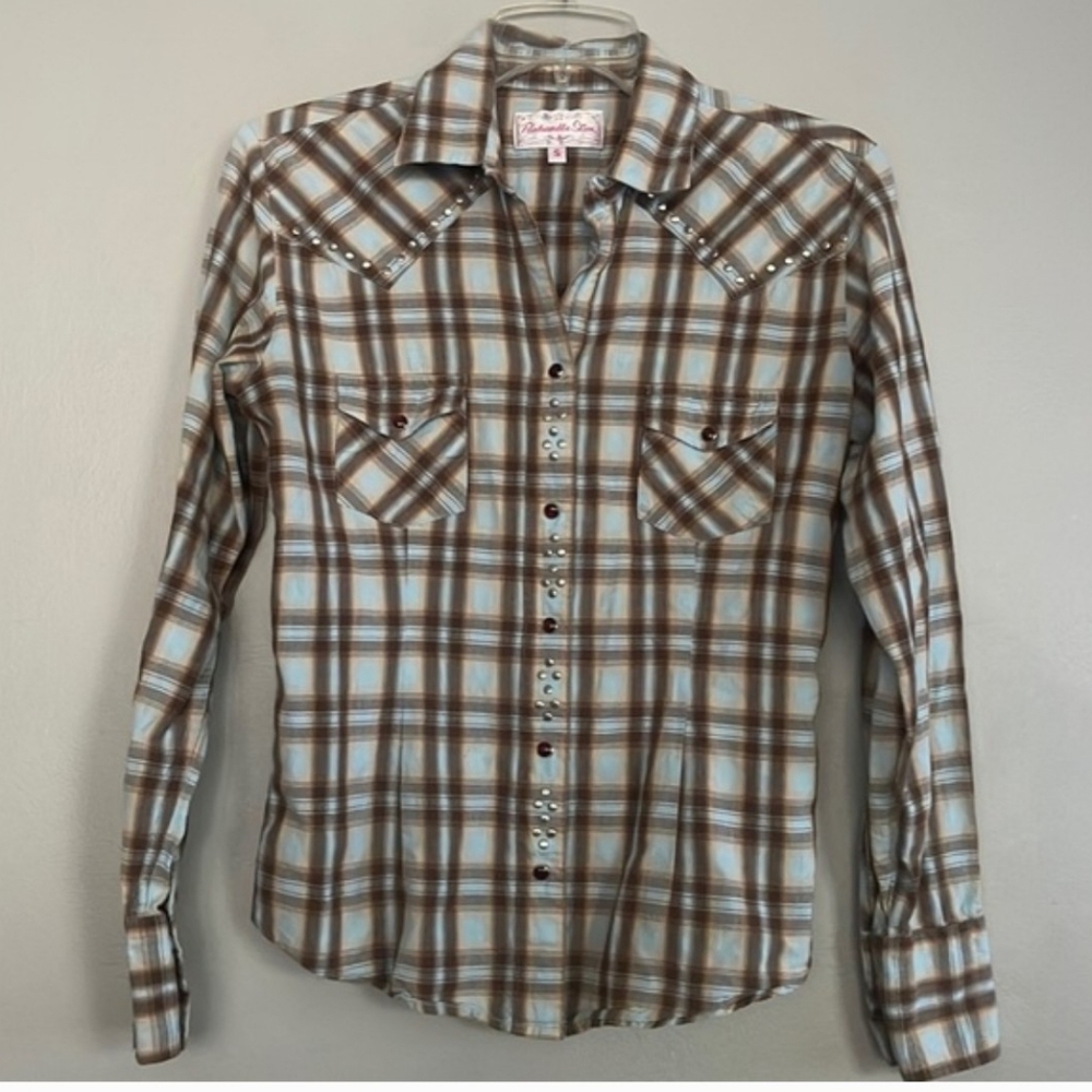 Panhandle Slim Brown and Blue Plaid Button Down Shirt Women's Size Small